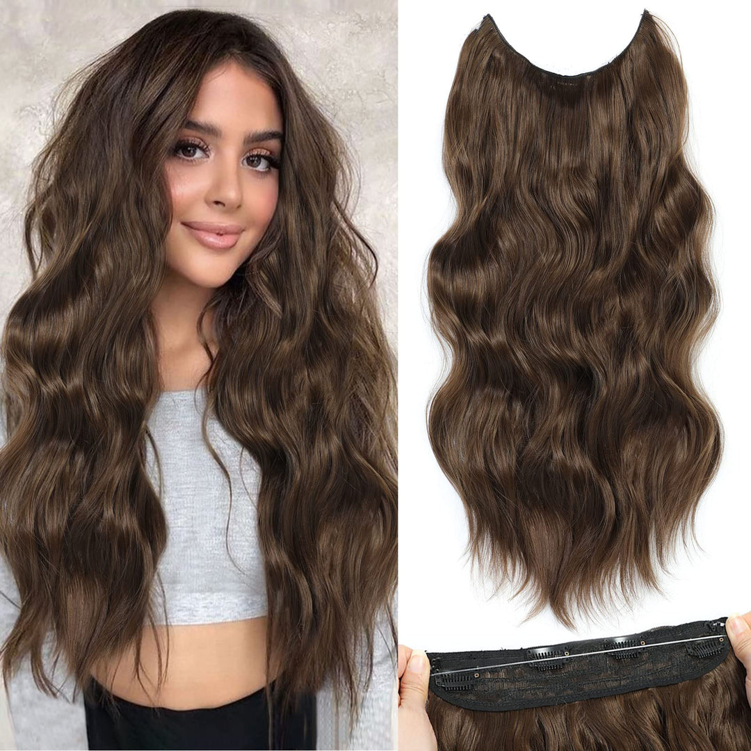 BUPPLER Halo Hair Extensions 20 Inch Invisible Wire Hair Extensions Adjustable Long Wavy Hair Extensions Synthetic Upgrade 4 Secure Clips in Hairpieces 20 Inch,Medium Brown