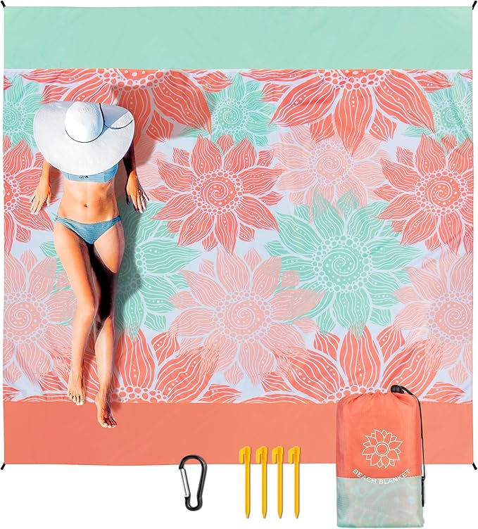 Beach Blanket Sandproof Extra Large Beach Mat Adults Waterproof Quick Drying Sand Free Mat Made by Premium Polyester with 4 Stakes & 4 Corner Pockets for Outdoor Travel Camping Hiking