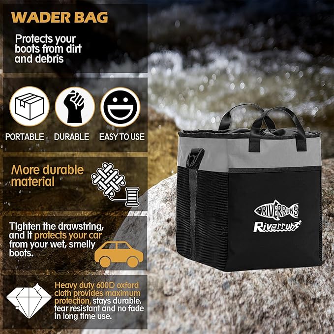 Riverruns Fishing Hunting Wader Bag with Vented Mesh, Waders Boots Bag, Fly Fishing Backpack for Fishing, Hiking, Camping