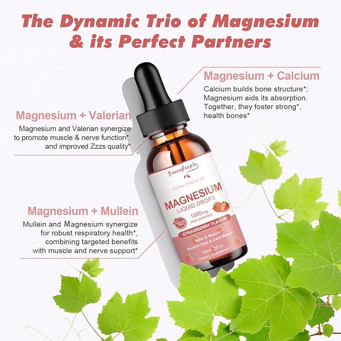 Magnesium Glycinate Liquid Drops - 1000mg 5-in-1 High Absorption Liquid Magnesium Complex with D3/K2/B6 | Fast-Acting, Bone, Muscle & Sleep | Sugar-Free Strawberry Flavor, 2fl Oz