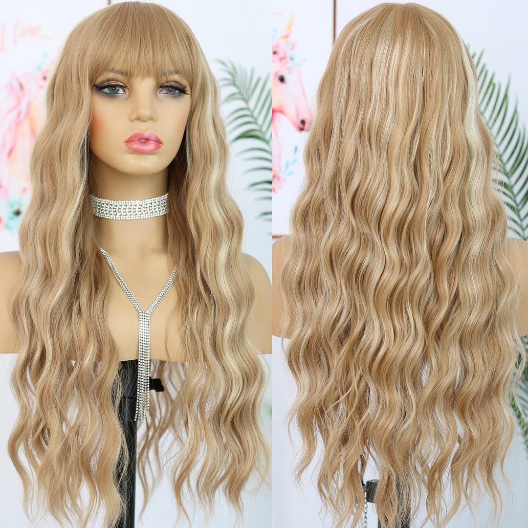 Andria Blonde Wig Brown With Blonde Stripe Highlight Long Loose Curly Wavy Wig With Bangs Synthetic Heat Resistant Fiber Hair Co