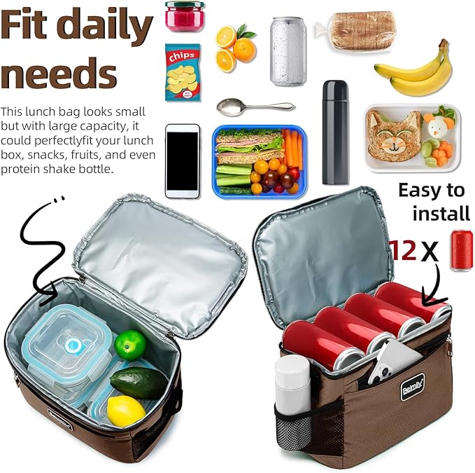 BEIMILY Lunch Bag for Women/Men,Reusable Lunch Box Small Cooler Bag Soft Sided,Leakproof Cooler Bag for Office Work Picnic Beach with Adjustable Shoulder Strap (coffee brown), 2311A