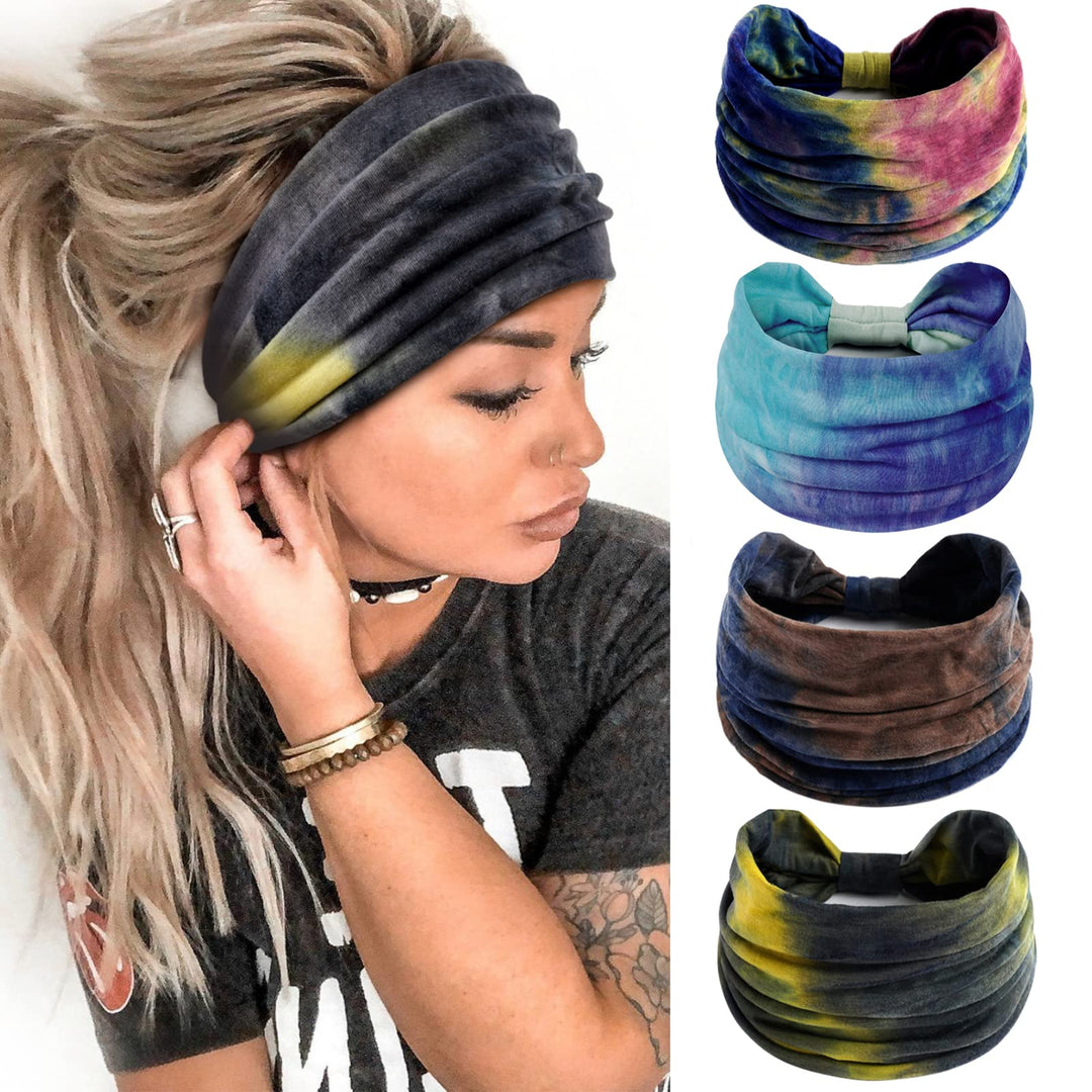Wide Headbands For Women Tie Dye Head Wraps Boho Thick Hairbands Large African Sport Yoga Turban Headband Hair Accessories (Pack