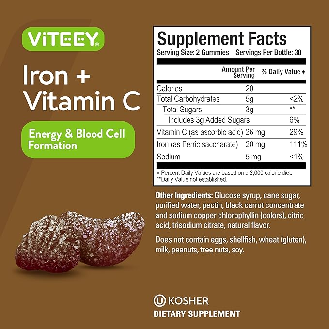 Iron Gummies 20mg + Vitamin C 26mg for Iron Deficiency and Anemia, Supports Energy, Blood Cell Formulation, Blood Builder, Vegan Supplements, Gluten Gelatin and GMO Free, Chewable Grape Gummy Chews