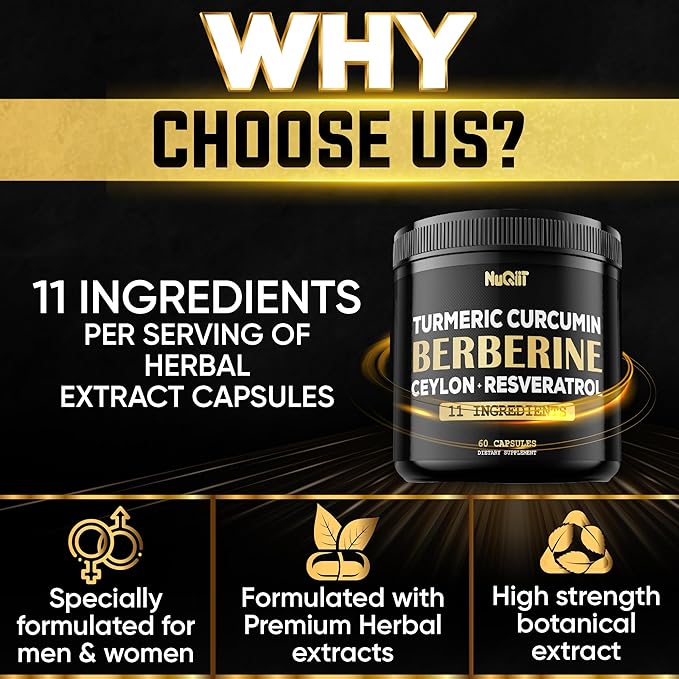 Berberine Supplement. Added Turmeric Curcumin, Trans-Resveratrol & More - Support Gastrointestinal, Body Management & Immune System - 60 Capsules
