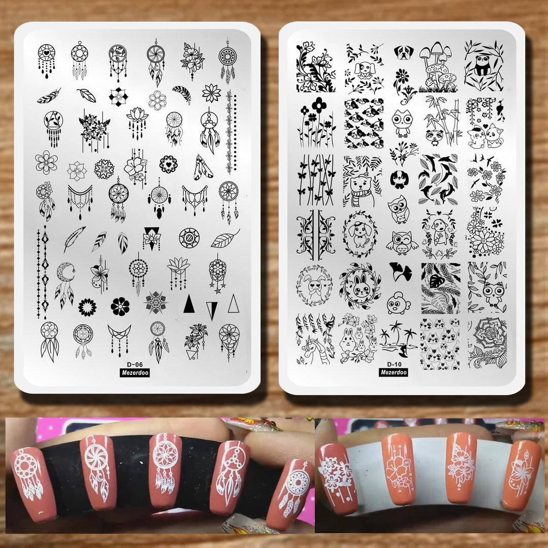 2Pcs Mix Nail Art Stamp Nail Stamping Template Dreamcatcher Feather Pendant Image Nail Plates Cute Animals Cartoon Diy Nail Desi