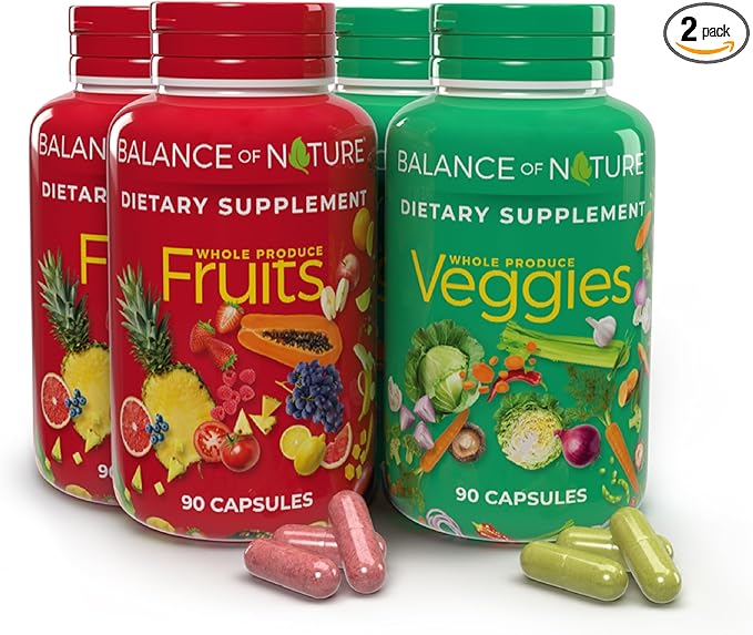 Balance of Nature Fruits & Veggies Supplements - Whole Fruit and Vegetable Ingredients for Women, Men, and Kids - 90 Fruit Capsules, 90 Veggie Capsules - 2 Sets