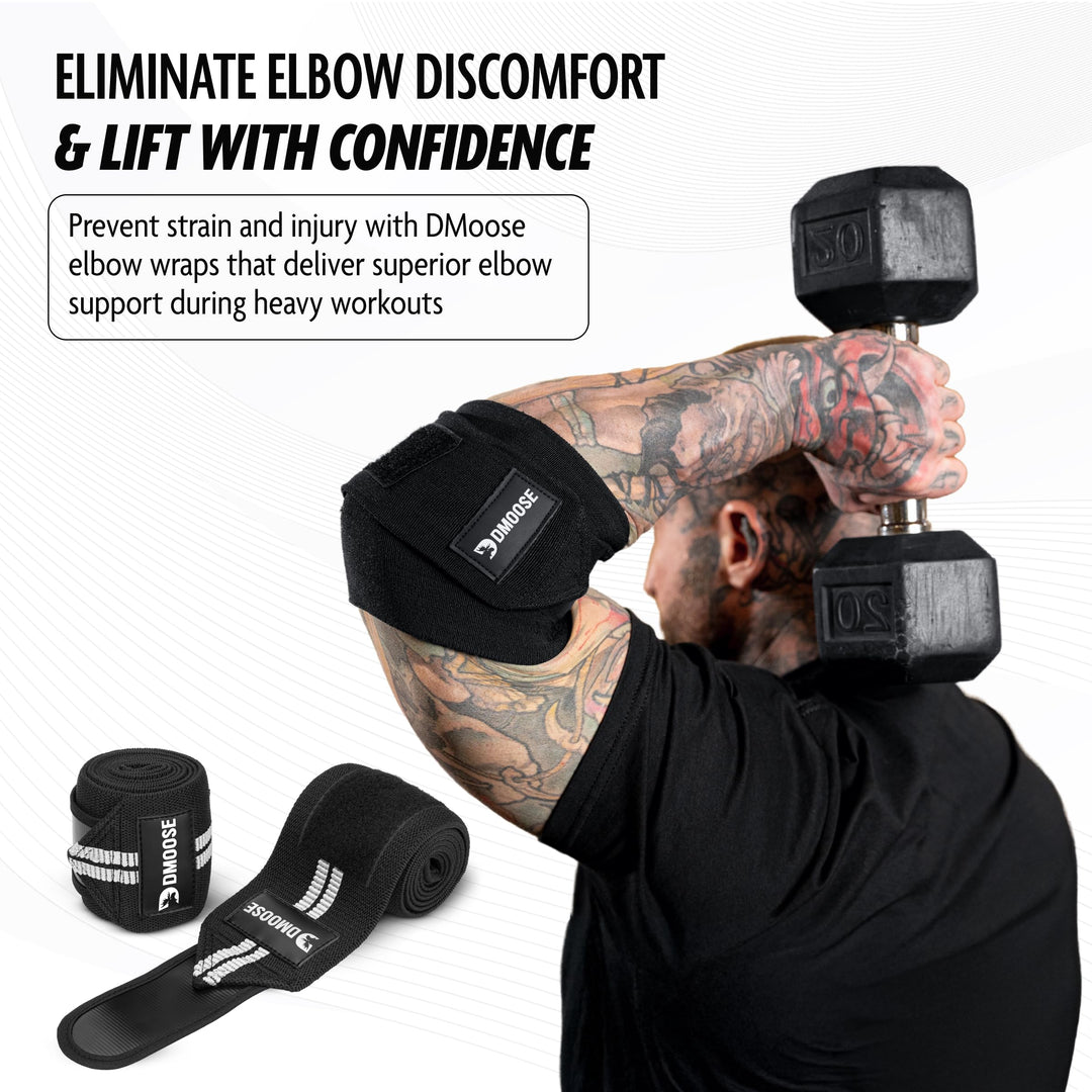 DMoose Fitness Elbow Wraps for Weightlifting, Bench Press, Cross Training & Powerlifting for Men and Women - 40" Nylon (Pair) Elbow Straps - Increases Stability of Joints and Support Injury Recovery