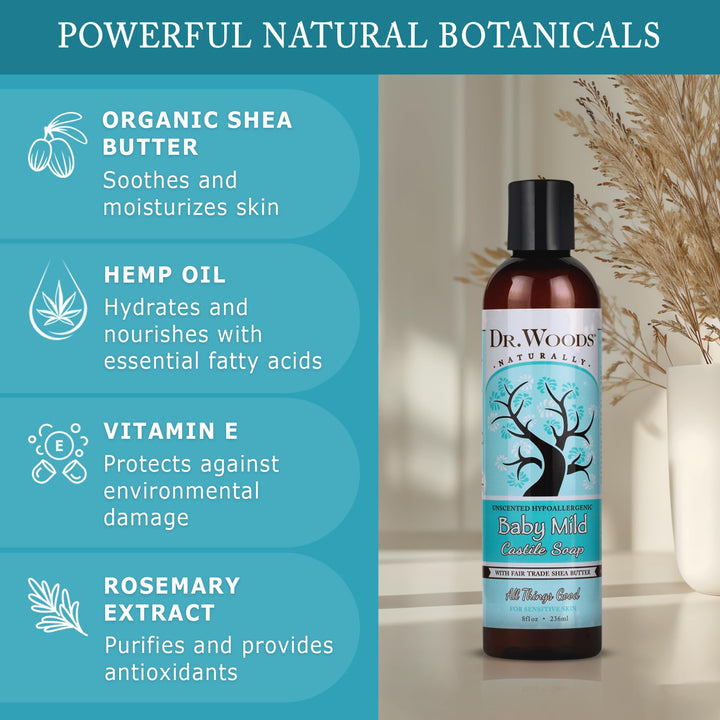 Dr. Woods Unscented Baby Mild Liquid Castile Soap with Organic Shea Butter, 8 Ounce