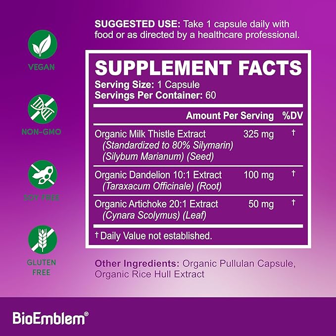 BioEmblem USDA Organic Liver Cleanse - 80% Silymarin Milk Thistle Extract for Liver Health and Liver Function with Dandelion & Artichoke Extracts - 100% Vegan, Non-GMO - Herbal Liver - 60 Capsules