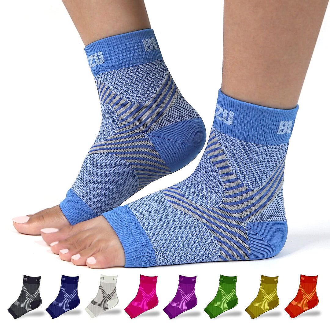 BLITZU Compression Socks for Plantar Fasciitis, Achilles Tendonitis Relief. Ankle Compression Sleeve for Heel Spurs, Foot Swelling, Fatigue & Sprain. Arch Support Brace for Sports, Gym Blue S-M
