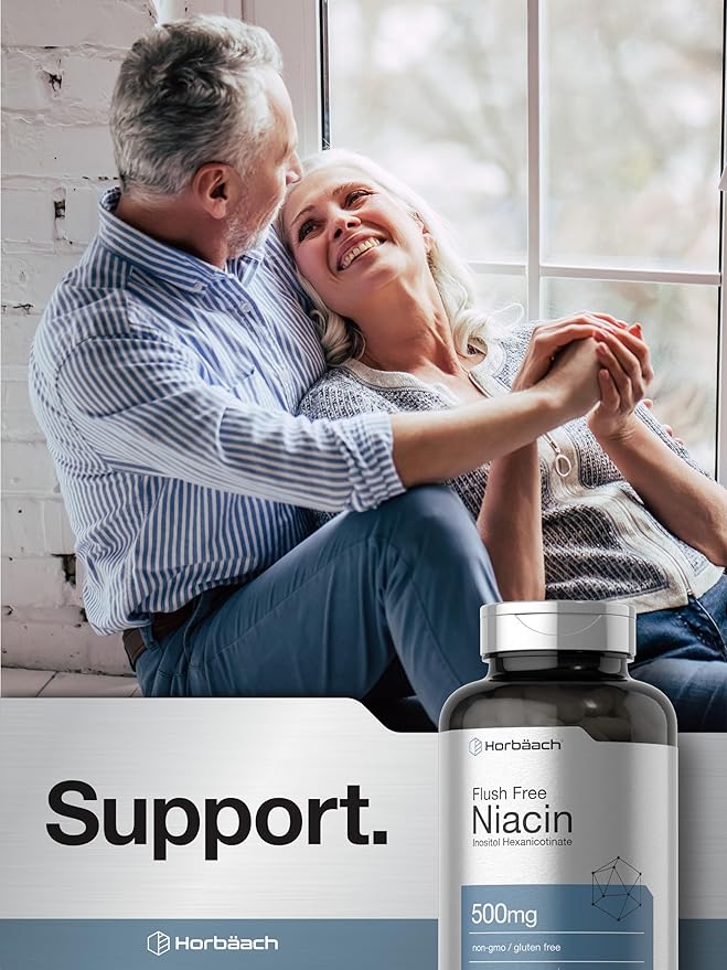 Horbaach Niacin 500mg | 70 Capsules | Flush Free Supplement | as Inositol Hexanicotinate | Non-GMO and Gluten Free