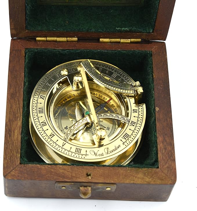 SARA NAUTICAL Antique Brass Sundial Compass, Sundial Clock in Box Gift Sun Clock Ship Replica Watch,Ship Decorations
