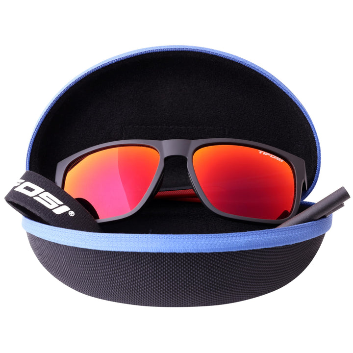 Tifosi Optics Swick Sunglasses Bundle with Case and Eyewear Straps (Satin Black Crimson/Smoke Red Mirror)