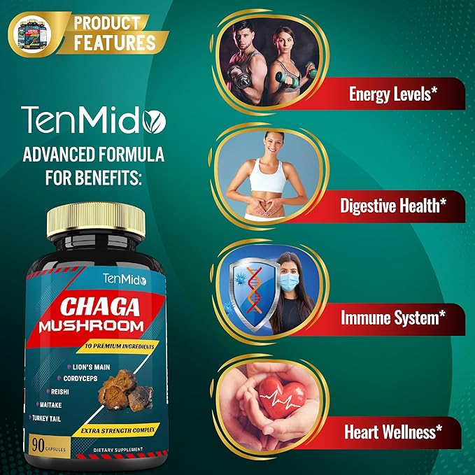 Chaga Mushroom Extract Capsules & Lions Mane, Cordyceps and More | Digestive Health, Anti-Aging, Immune Support | Energy Boost, Rich in Antioxidants & Nutrients, 3 Months Supply