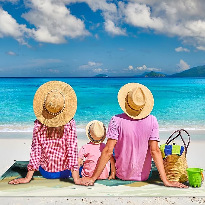 Beach Blanket Waterproof Sandproof Large Beach Mat 83" X 106" for 5-7 Adults Sand Free Mat Quick Drying,Oversized,Lightweight & Durable with 4 Stakes & 4 Corner Pockets for Beach Camping .(Mountain)