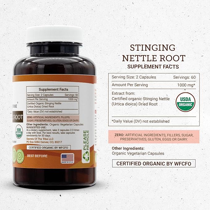 Secrets of the Tribe Stinging Nettle Root USDA Organic 120 Capsules | Made with Organic Vegetarian Capsules and Organic Stinging Nettle (Urtica Dioica) Dried Root (120 Capsules)