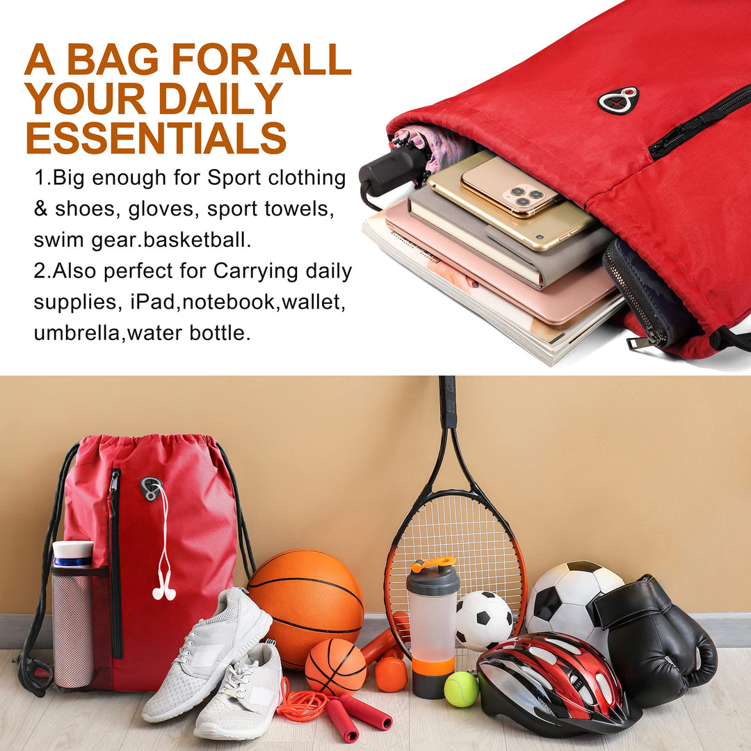 BeeGreen Red Lightweight Drawstring Backpack For Women W Water Bottle Pocket &Front Zippered Pocket Large Sports String Sackpack For Traveling Yoga Beach Outdoor Gym