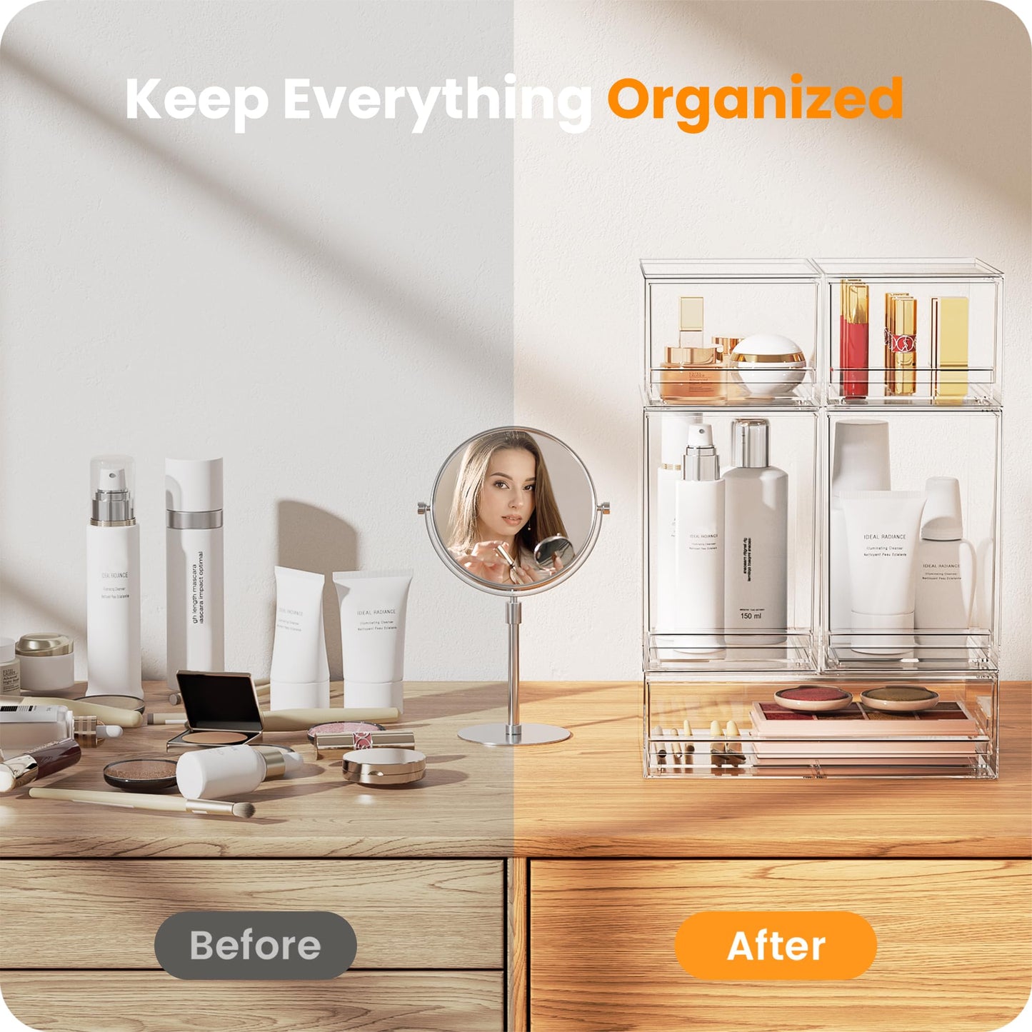 A-LuGei 2 Pack 𝗖𝗿𝘆𝘀𝘁𝗮𝗹 𝗖𝗹𝗲𝗮𝗿 Vanity Makeup Organiser, Stackable Acrylic Desk Drawer Organisers and Storage, Plastic Organisation Box for Bathroom Skincare Perfume Medicine Under Sink