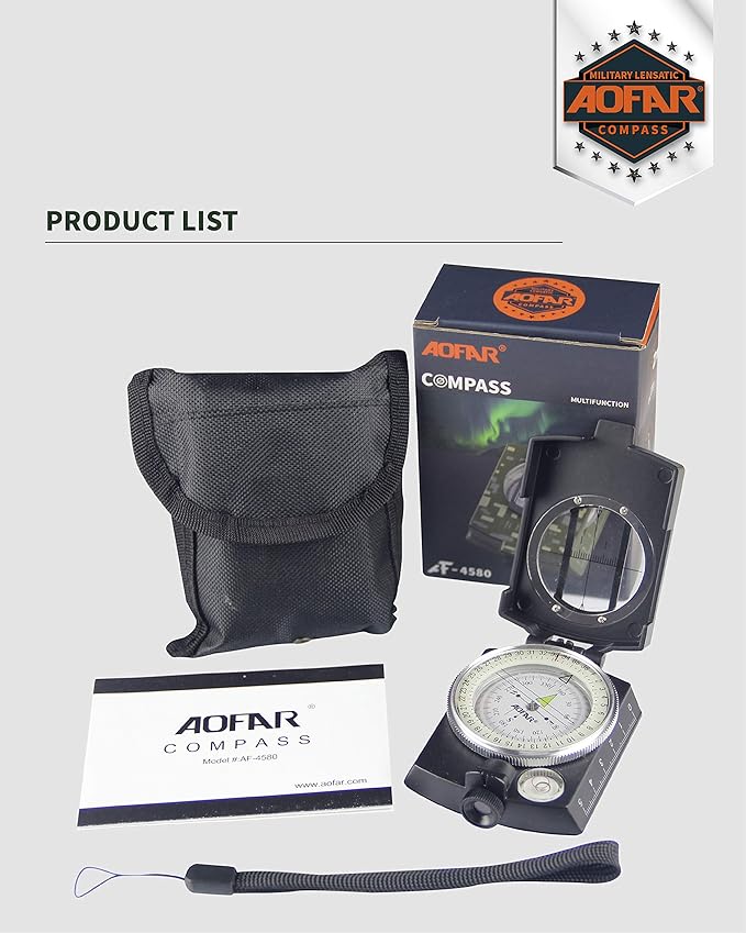 AOFAR Military Compass,AF-4580 Lensatic Sighting, Waterproof and Shakeproof with Map Measurer Distance Calculator, Pouch for Camping, Hiking
