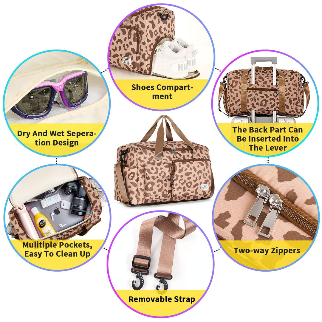 FIORETTO Women's Water-Resistant Gym Duffle Bag with Shoes Compartment, 37L Capacity, Multi-Functional, Ideal for Travel, Gym, Sports, Weekender, Leopard Print