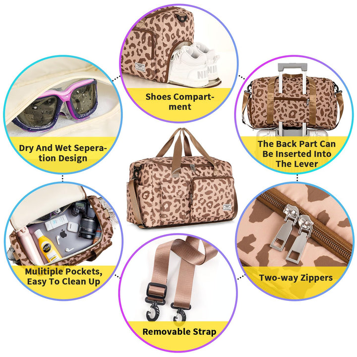 FIORETTO Women's Water-Resistant Gym Duffle Bag with Shoes Compartment, 37L Capacity, Multi-Functional, Ideal for Travel, Gym, Sports, Weekender, Leopard Print