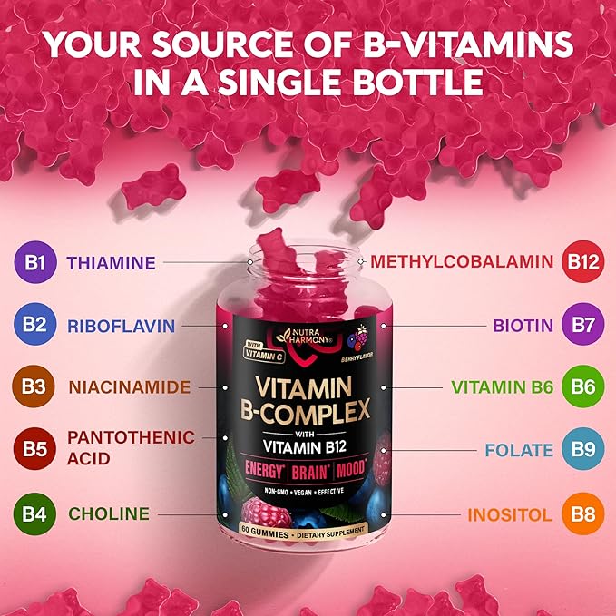 Vitamin B-Complex Gummies for Women & Men - Vitamin B12, B1, B2, B3, B5, B6, B7 & B9 - B Complex with Vitamin C & Choline - Energy, Brain & Mood - Natural Berry Flavor, Vegan - 60 Gummies for 2 Months