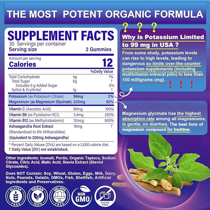Potassium Magnesium Gummies - Potassium Supplement w/Ashwagandha 200mg, High Absorption Magnesium Glycinate,B6,B12,P-otassium Citrate for Leg Cramps,Muscle,Electroyte for Adults Kids,Sugar-Free,2Pack