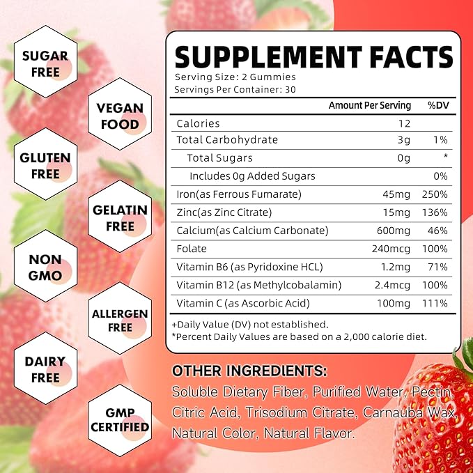 Iron Gummies for Women, Men & Kids, Sugar Free Iron Supplement with Calcium, Zinc, Folate & Vitamin B12, C, B6 - for Blood Building & Energy Support, Anemia, Strawberry, 60 Count