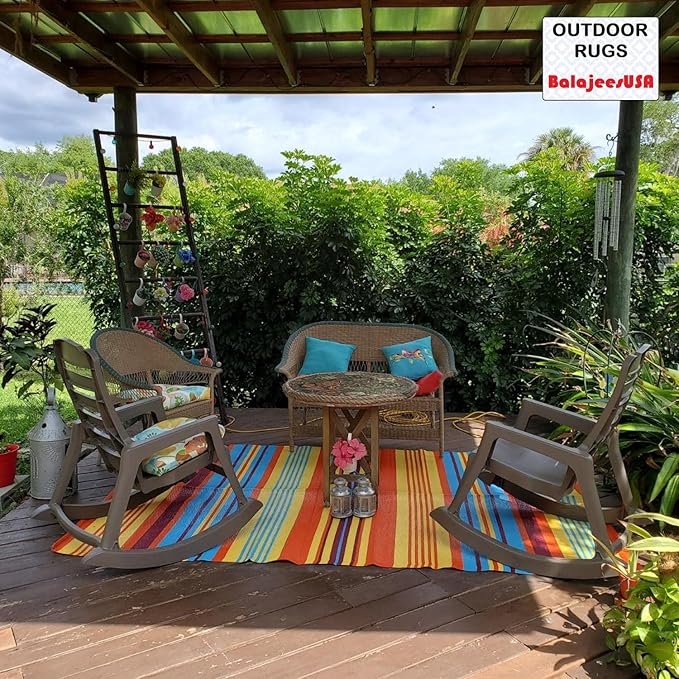 BalajeesUSA Outdoor Rug - 9x12 Multi Color, Reversible Plastic Straw, Waterproof, Patio Rugs Clearance, Porch decore, Picnic Backyard Rugs, Large RV Camper mats 7421