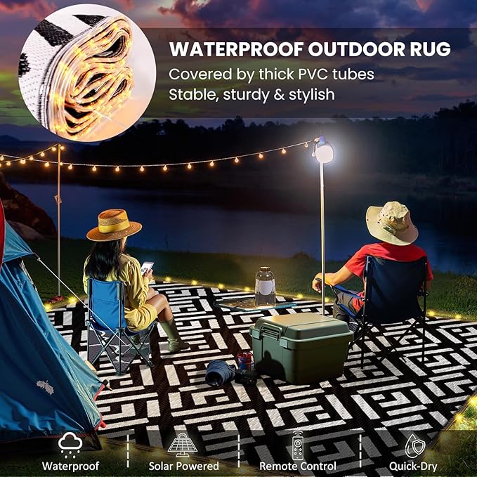 8x10Ft Outdoor Rug, Solar Powered Outdoor Camping Rug with 111LEDs Strip Lights, Waterproof Plastic Reversible Outdoor Straw Rug, Rug Mat for RV Camping Patio House Deck Beach Balcony Picnic