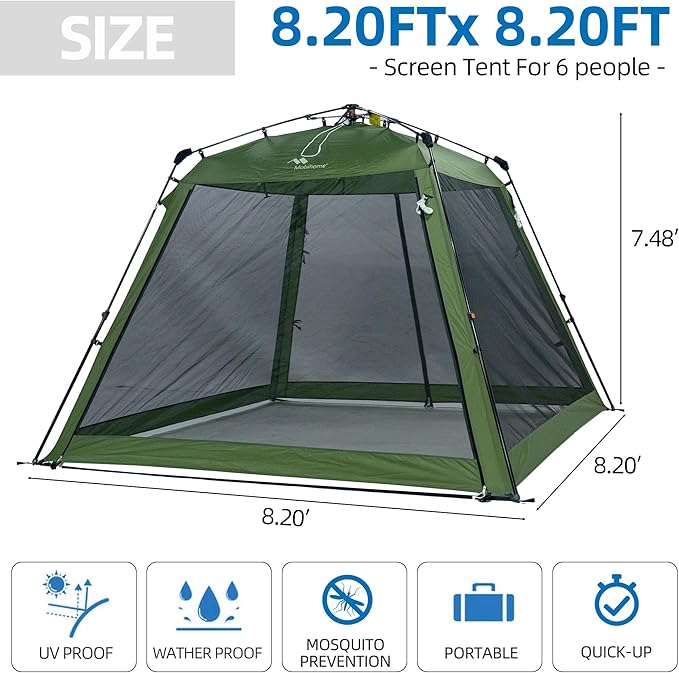 8.2'x8.2' Pop Up Canopy, 2025 Upgraded Outdoor Screen House Tent, Portable Folding Instant Camping Canopy, Easy Set-up Canopy -Olive Green
