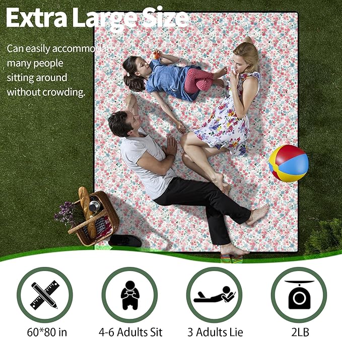 60x80'' Picnic Blankets Extra Large Waterproof Sand Repellent Packable Outdoor Beach Park Grass Stadium Meditation Mat Summer Campers Backpack Gadgets Rv Vacation Organization Gifts for Couple