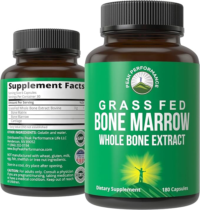 Peak Performance Grass Fed Bone Marrow - Whole Bone Extract Supplement 180 Capsules Superfood Pills Rich in Collagen, Vitamins, and Amino Acids. from Bone Matrix, Marrow, Cartilage. Ancestral Tablets
