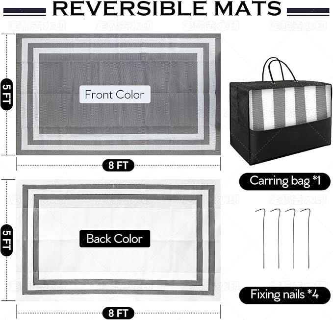 5'x 8' Outdoor Rug,Waterproof Reversible Patio Rugs,5x8 ft Plastic Straw Outdoor Carpet Foldable Plastic Camping Mat for Outside RV, Patio,Picnic,Camper,Balcony,Porch(White&Gray)