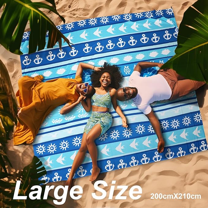 Beach Blanket Waterproof Sandproof, 79" x 83" Extra Large Sand Free Quick Drying Beach Mat, Compact Outdoor Picnic Mat for Travel, Hiking, Camping (Blue Stripes)