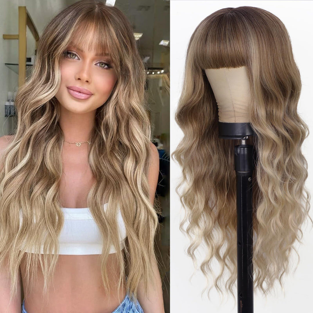 Aisi Queens Ombre Blonde Wig With Bangs Long Blonde Wavy Wigs For Women Synthetic Curly Wavy Wigs With Dark Root Middle Part Hea