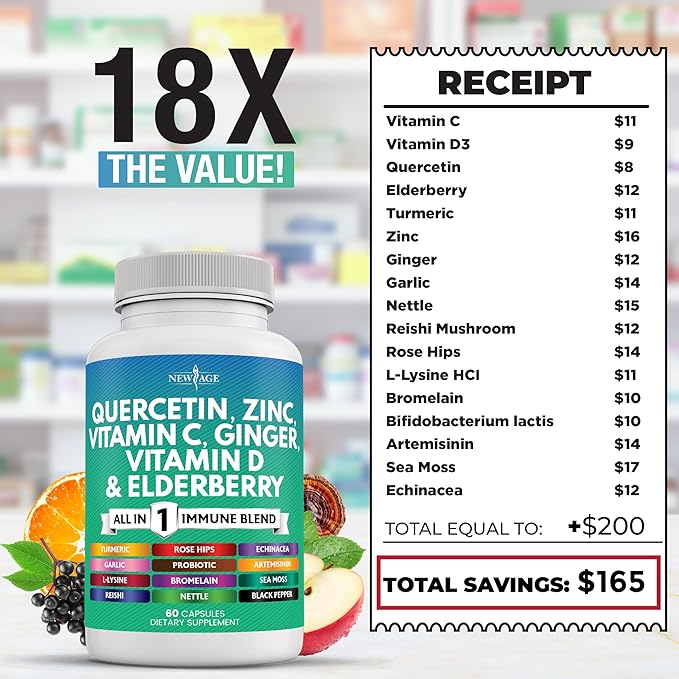Quercetin Zinc Vitamin C Vitamin D Bromelain Elderberry - Nettle Supplement with Artemisinin, Sea Moss, Echinacea - 180 Count