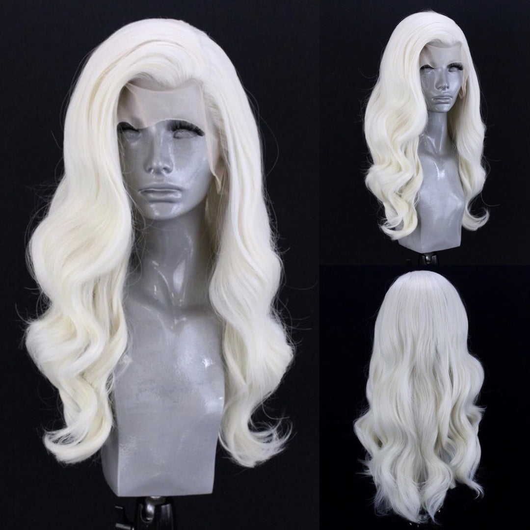 WXHWCX White Blonde #60 Long Wavy Hair Synthetic Lace Front Wig Natural Hairline Heat Resistant Fiber Hair Free Part Glueless Lace Wig for Women Cosplay Wigs