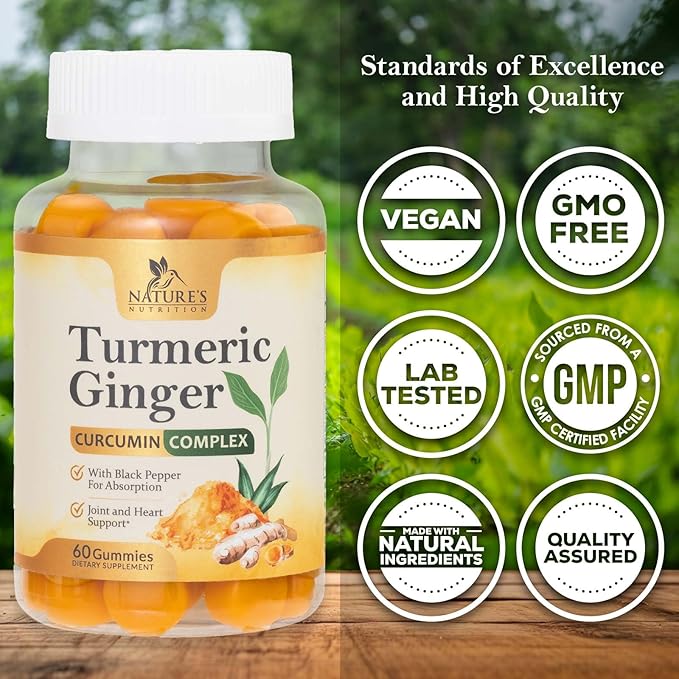 Turmeric Gummies with Black Pepper & Ginger for Best Absorption, 95% Curcuminoids Tumeric Curcumin Gummy, Nature's Herbal Extract Joint Support Supplement, Vegan Non-GMO, Peach Flavor - 60 Gummies