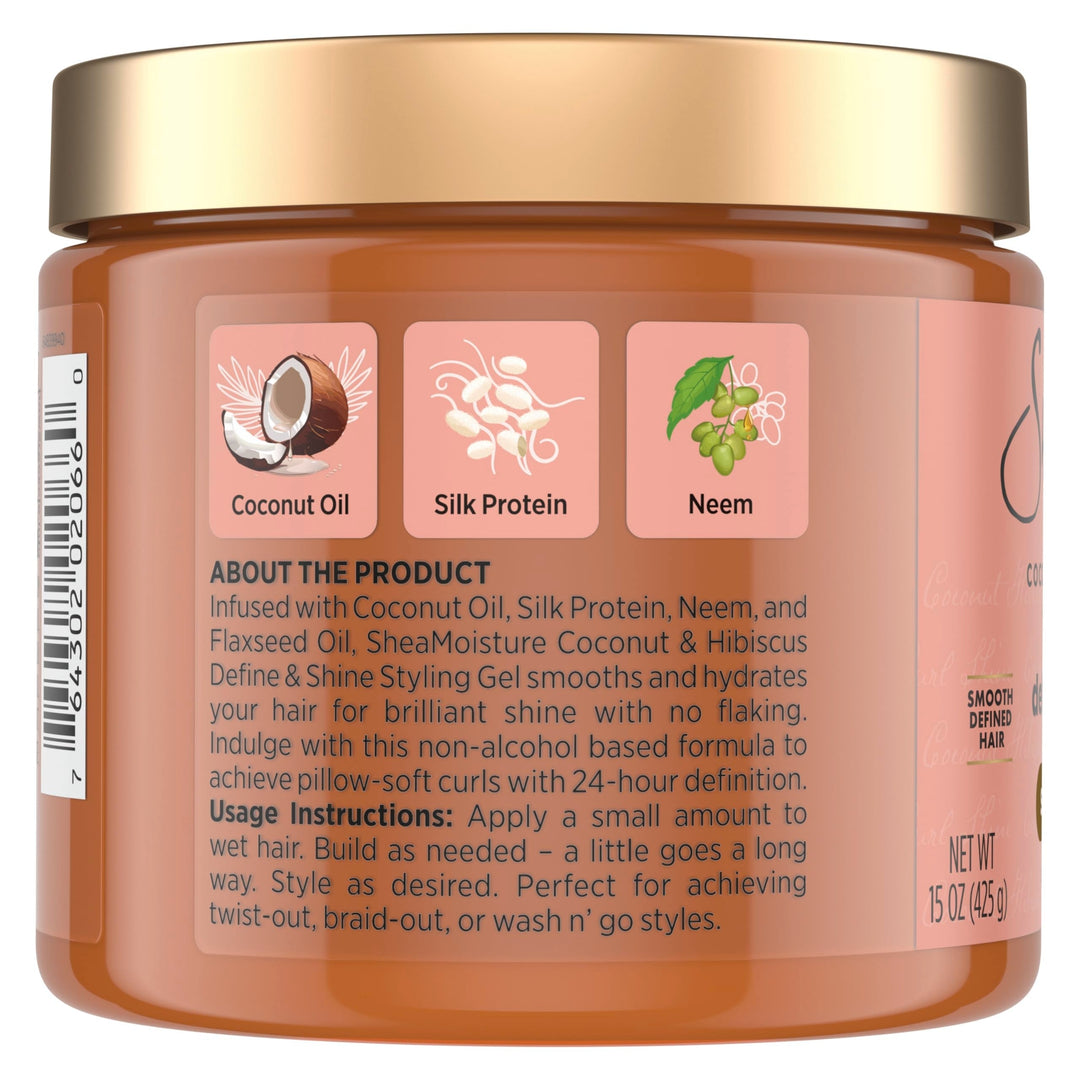 SheaMoisture Defining Styling Gel For Thick, Curly Hair Coconut and Hibiscus Paraben-Free Frizz Control Styling Gel 15 oz