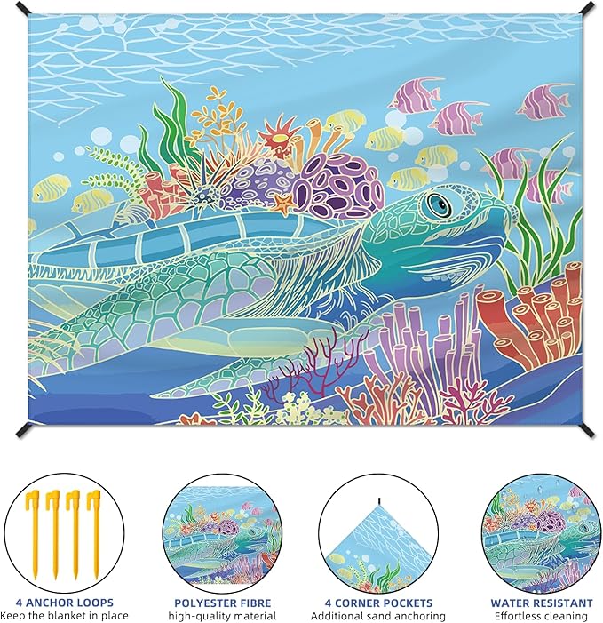 Beach Blanket Waterproof Sandproof Large Beach Mat 83" X 106" for 3-5 Adults Sand Free Mat Quick Drying,Lightweight & Durable with 4 Stakes & 4 Corner Pockets for Beach Camping
