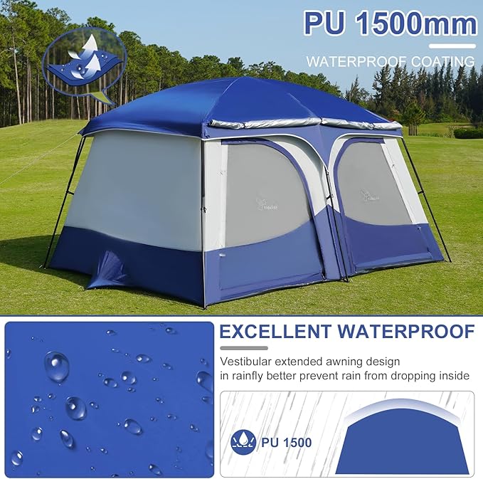 Vidalido Tents，6-8 Person Camping Tent with Extended Vestibule，2 Room Weather Resistant Family Tents，Easy Install Waterproof Outdoor Tent for Backpacking and Camping Hiking