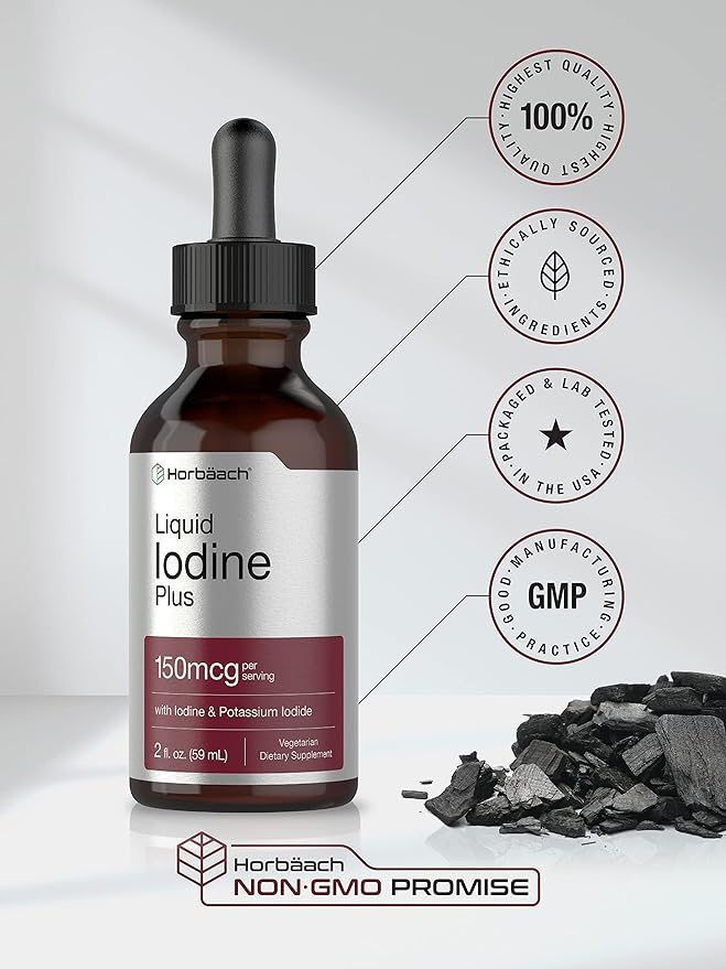 Horbäach Liquid Iodine Drops | 2 fl oz | 150 mcg | Iodine & Potassium Iodide Liquid Tincture | Vegetarian, Non-GMO, Gluten Free Supplement