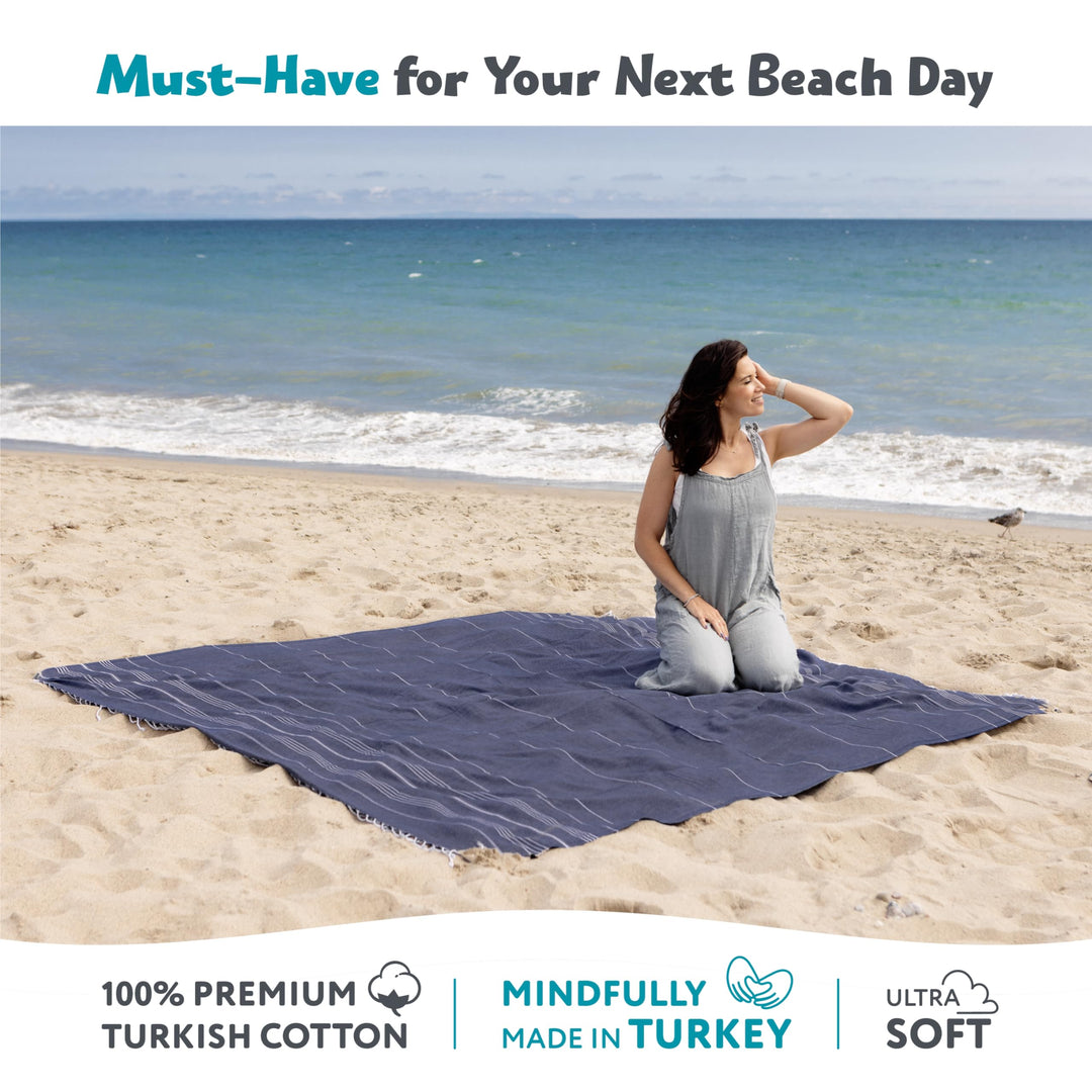 WETCAT Turkish Beach Blanket Sandproof 82x82, Soft 100% Turkish Cotton Blanket, Extra Large Sand Free Picnic Blankets & Beach Essentials – Dark Blue