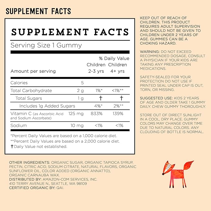 Amazon Brand - Mama Bear Vegan Kids Vitamin C, Orange, 60 Count, Immune Health, 125 mg per Gummy