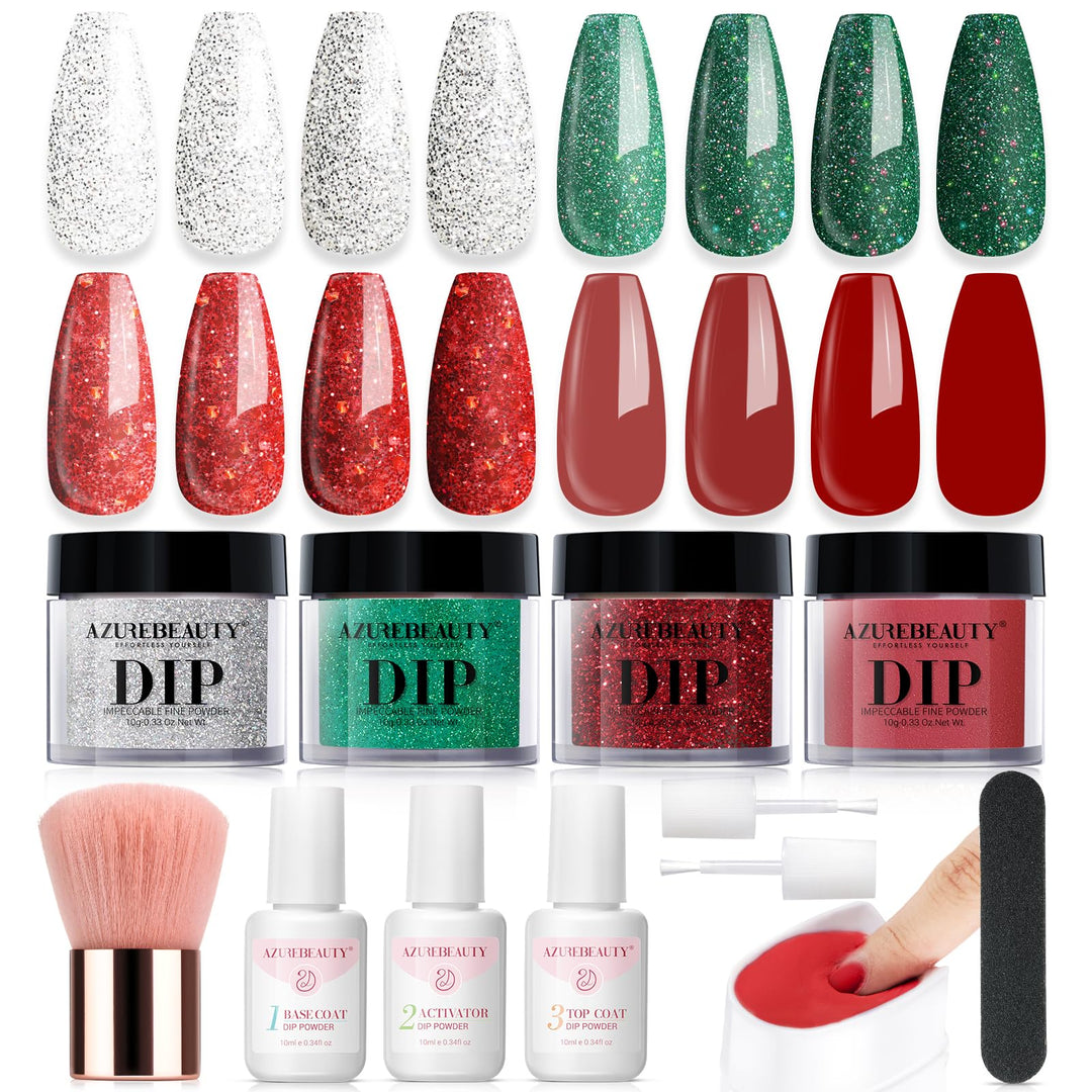 Azurebeauty Christmas Dip Powder Nail Kit, Green Red Glitter Silver 12 Pcs Acrylic Dip Powder Liquid Set With Base/Top Coat Acti