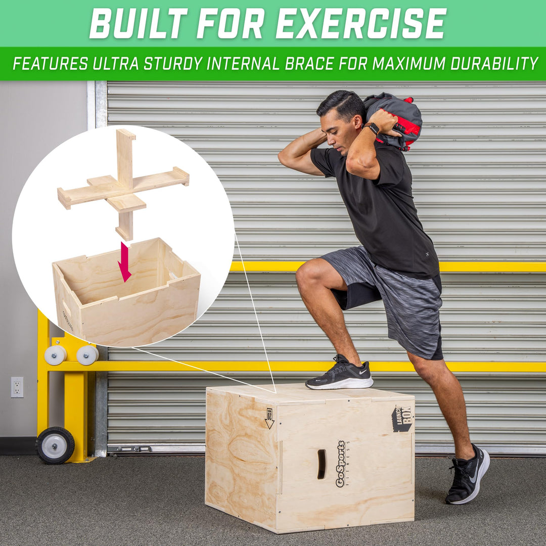 GoSports Fitness Launch Box 3-in-1 Adjustable Height Wood Plyo Jump Box for Exercises of All Skill Levels - XL