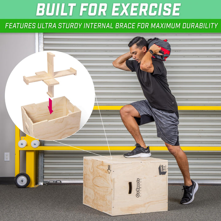 GoSports Fitness Launch Box 3-in-1 Adjustable Height Wood Plyo Jump Box for Exercises of All Skill Levels - XL