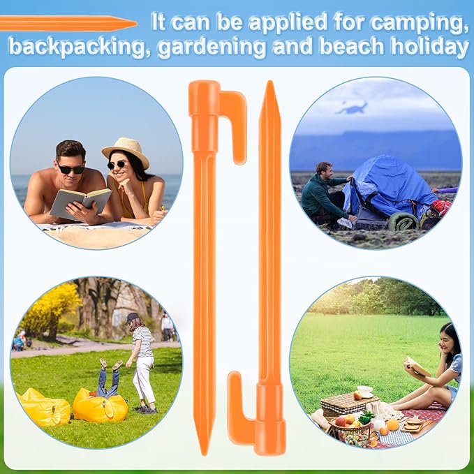 24 Pack Plastic Tent Stakes 5.7 Inch Heavy Duty Canopy Anchoring Pegs Plastic Tent Pegs Sand Stakes Outdoor Beach Spikes for Camping, Gardening, Landscaping, Backpacking(Orange)